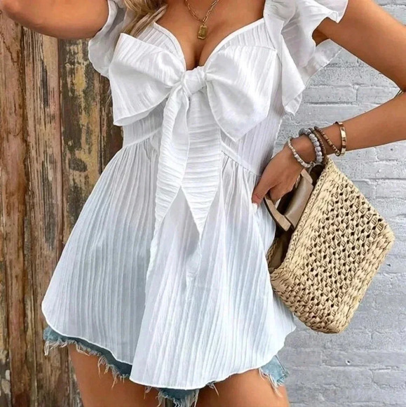 Women's Fashion Solid Color Bowknot Decorated Batwing Sleeve Blouse - Picture 4 of 6